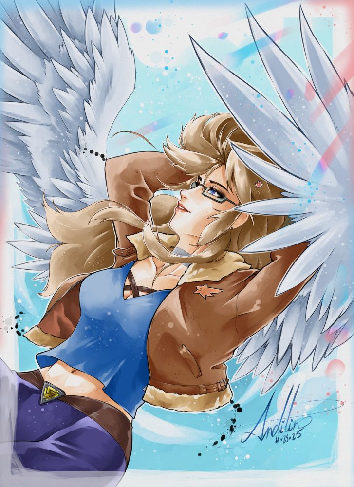 Claire, a valkyrie wearing a bomber jacket with a wingstar emblem on the front left. She is flying free through the sky on her feathered wings while looking pretty content. Also trans rights~