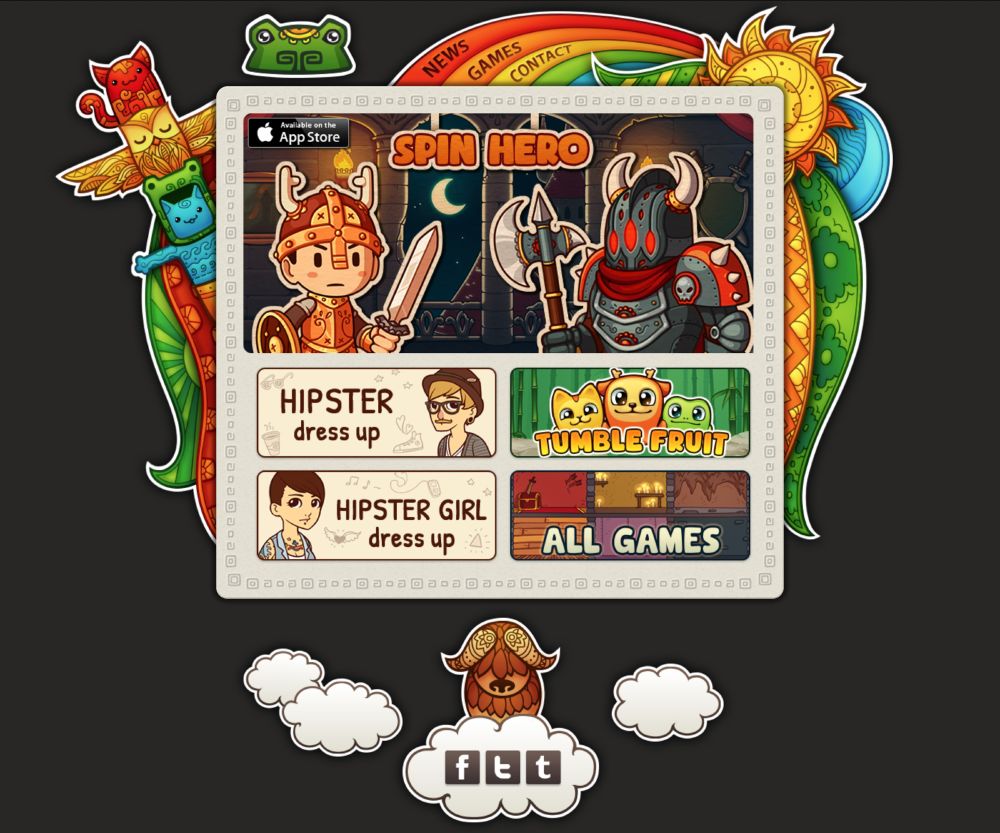 A colorful website with game thumbnails in a square frame in the center. Around the frame there are a totem-like cat, owl, and another cat in a frog hat peeking from one side, a rainbow with a sun on the other, and an ox sitting on clouds beneath it.