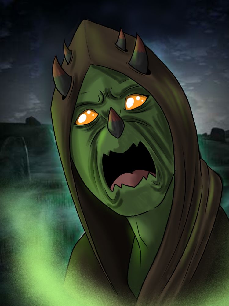 Askir, wearing a hooded robe, screaming at you while in a vaguely-defined, magically-foggy, nighttime-ish field 