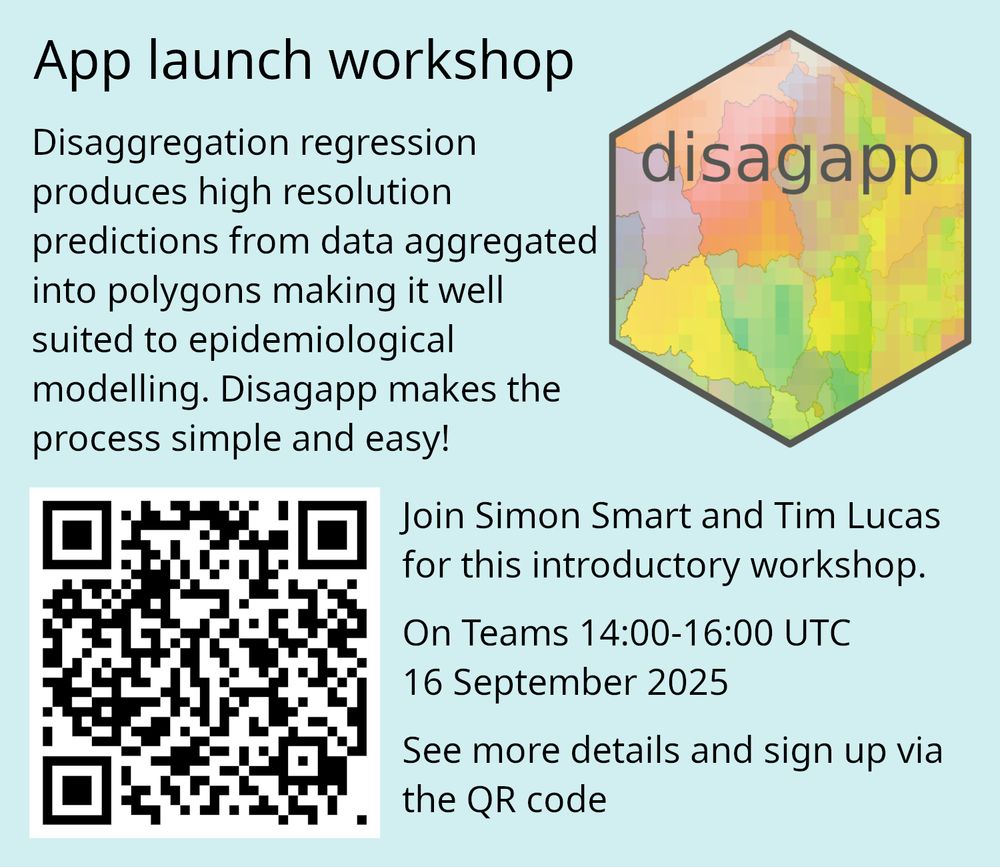 Disaggregation regression produces high resolution predictions from data aggregated into polygons making it well suited to epidemiological modelling. Disagapp makes the process simple and easy! 

Join Simon Smart and Tim Lucas for this introductory workshop.

On Teams 14:00-16:00 UTC  16 September 2025 

See more details and sign up via the QR code