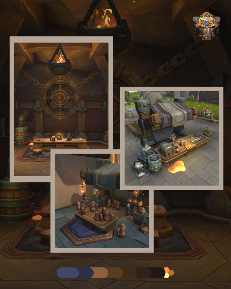 Variety of screenshots from World of Warcraft of metallic and stone tables and decor, market stalls, and globs of honey.