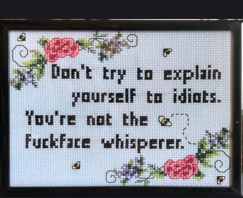 A cross stitch that says “don’t try to explain yourself to idiots. You’re not the fuckface whisperer.”