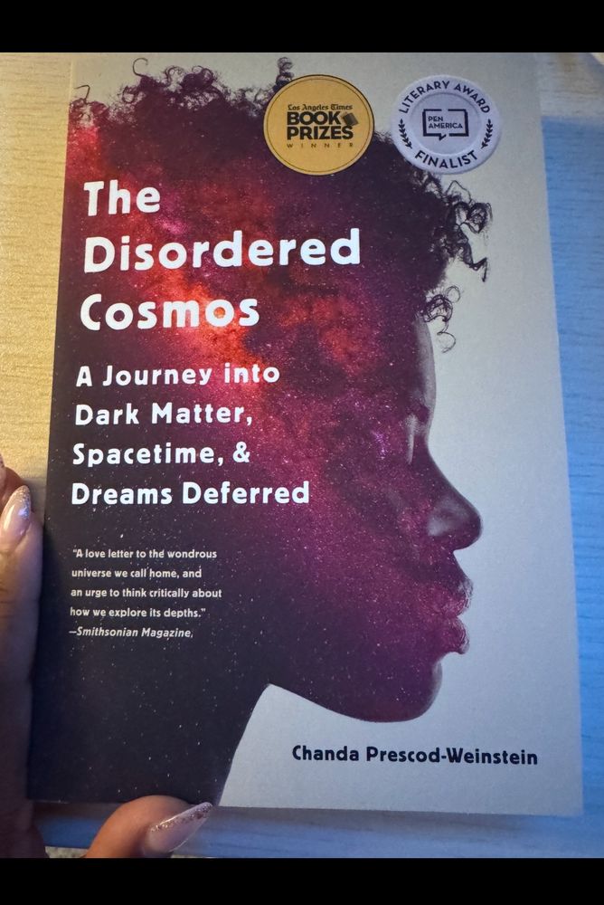 A view of the cosmos on the profile of a face. The book cover for The Disordered Cosmos: A Journey into Dark Matter, Spacetime & Dreams Deferred by Chanda Prescott-Weinstein. 