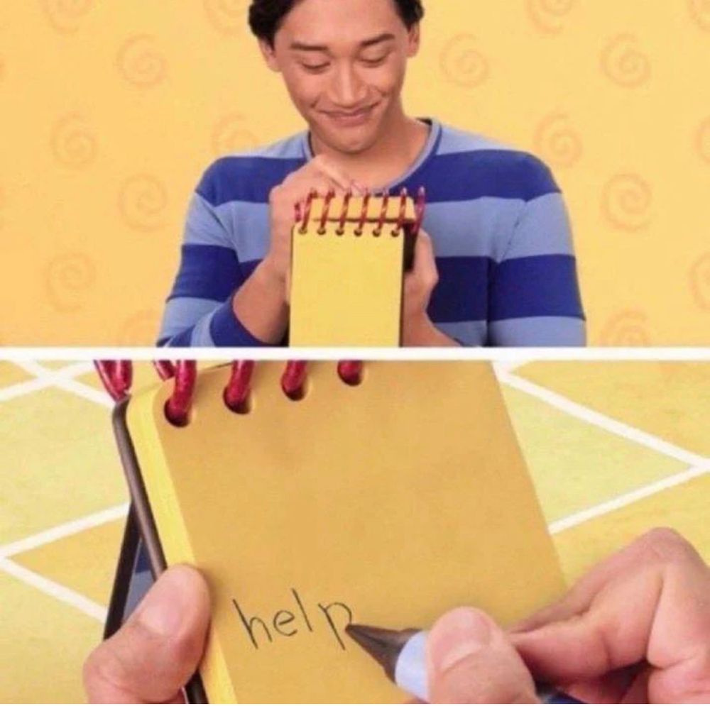 A split screen of a person writing in a notebook. In the notebook, they are writing “help”. 