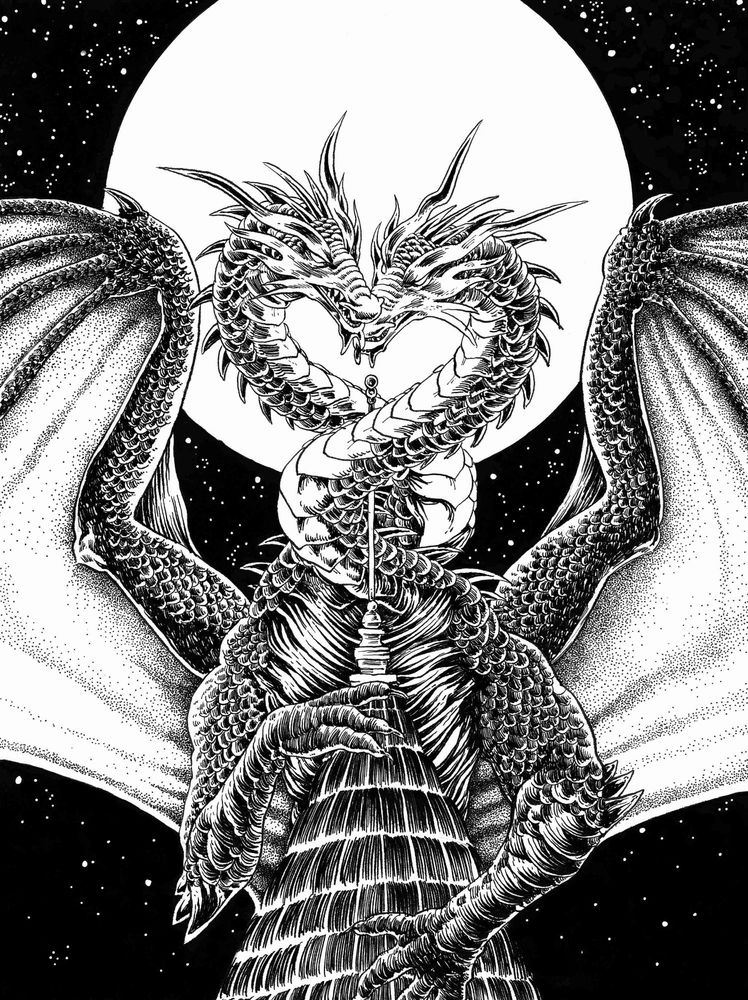 A black and white drawing of a two-headed dragon with it's necks twisted around the top spire of a castle against the backdrop of the moon and stars.