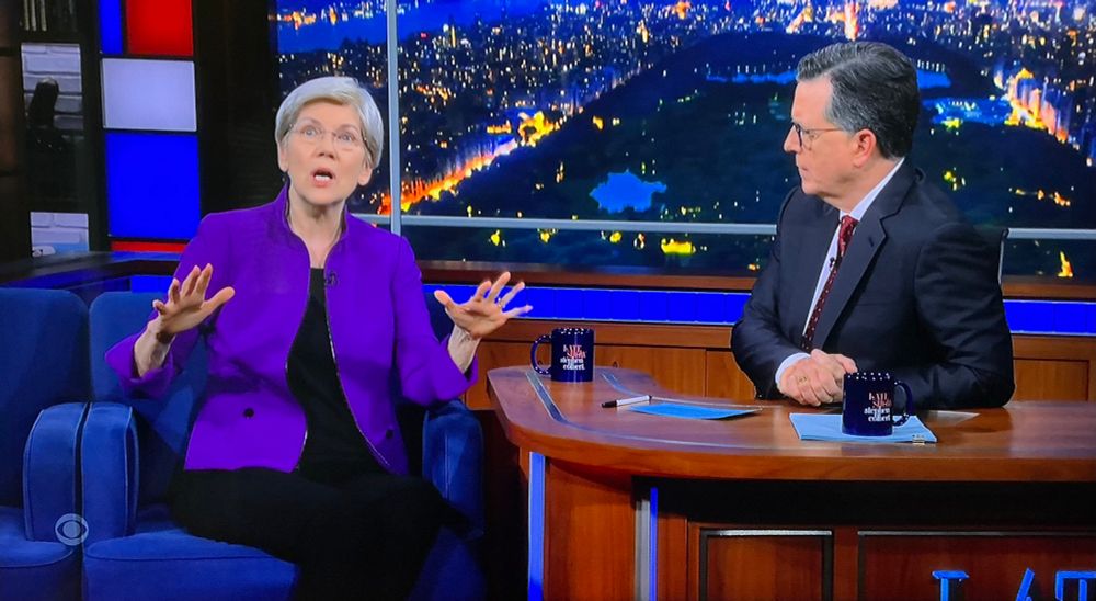 Screenshot of Senator Elizabeth Warren during her April 16, 2025, appearance on The Late Show with Stephen Colbert.