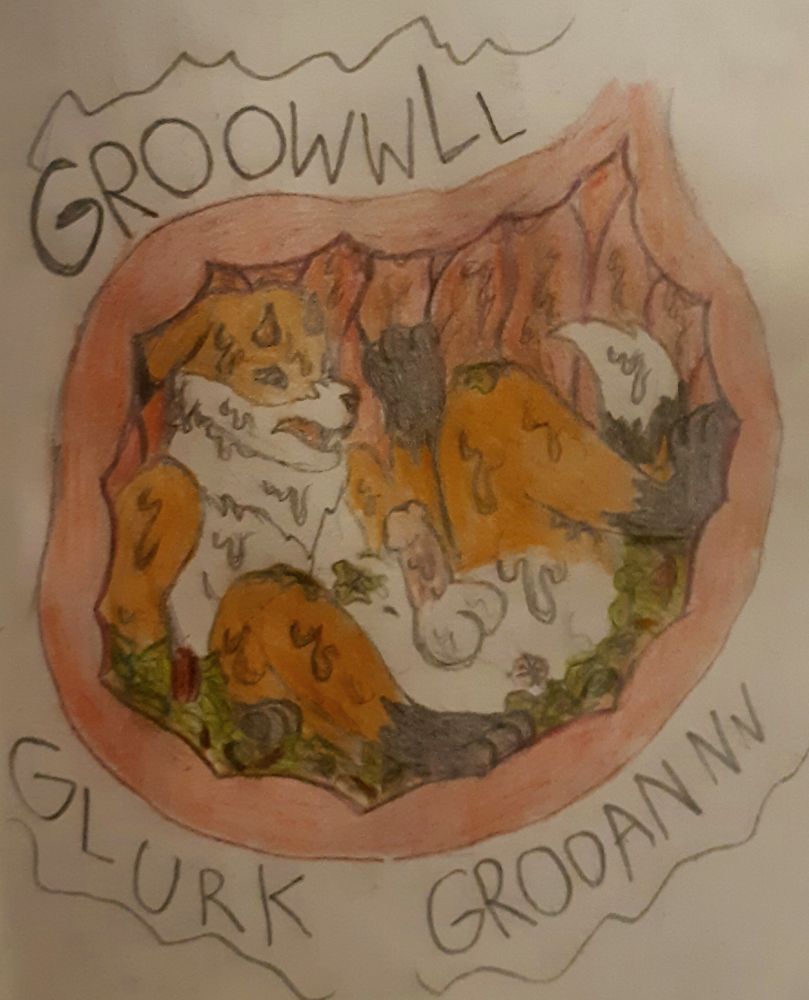 Braxin (anthro fox) inside a stomach, sitting in a pile of salad