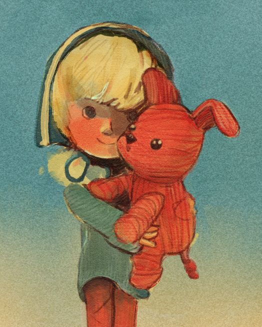 A blond boy in a blue warm coat helds a bright red puppy, that used to be a hand glove.