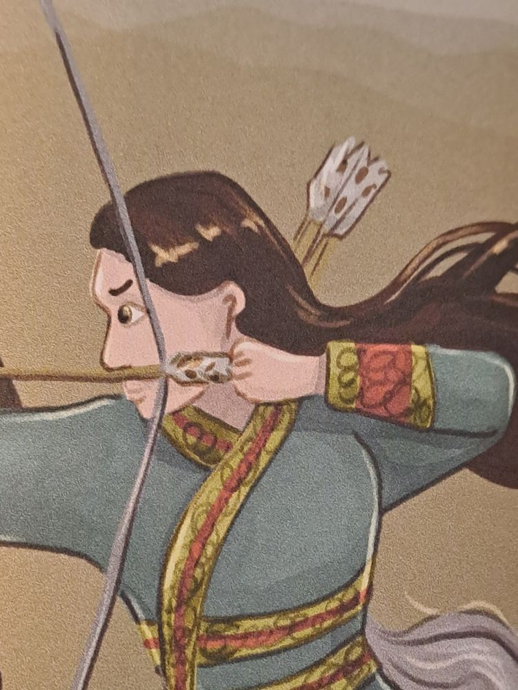 Image is artwork from the book, and shows a woman with long brown hair, in a blue top, with her face turned behind her as she shoots a bow.