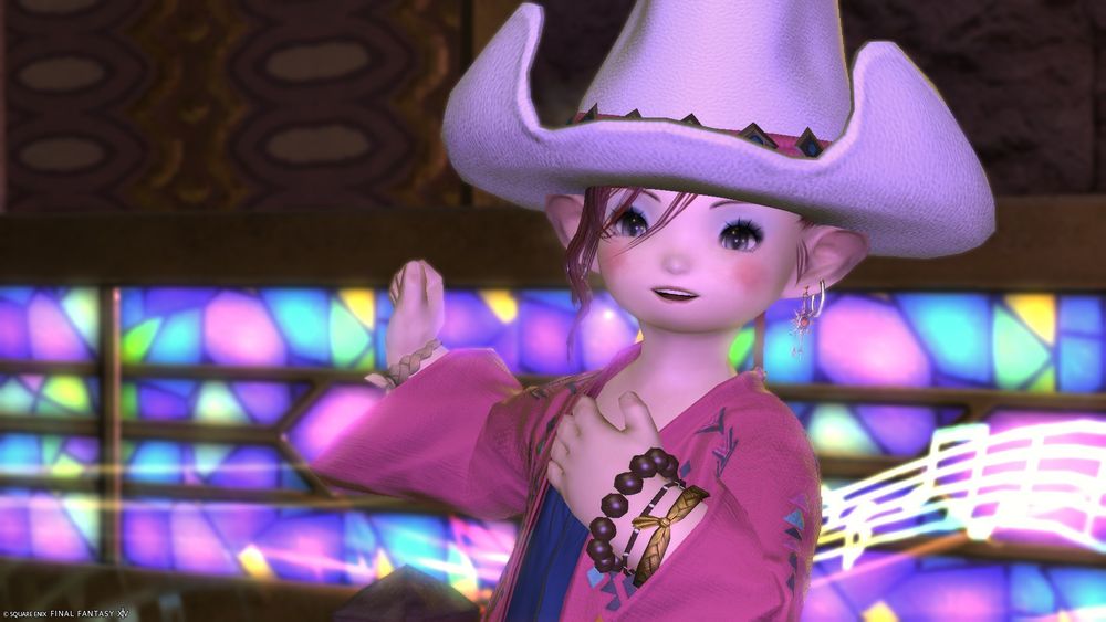 Femini Nomenon - a red-haired lalafell in a white cowboy hat, wearing a pink robe, blue eyeshadow & lots of jewellery. Possibly at the Pink Pony Club, who can say?