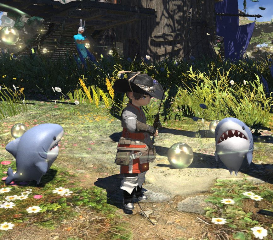 Ardbert Smolfyst fishes in the Sea of Clouds, flanked by two Major-General landsharks 