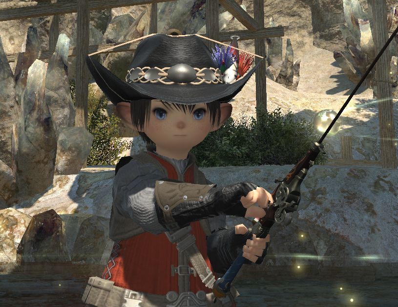 Ardbert Smolfyst, a lalafell version of Ardbert Hylfyst, has a serious look on his face as he fishes 