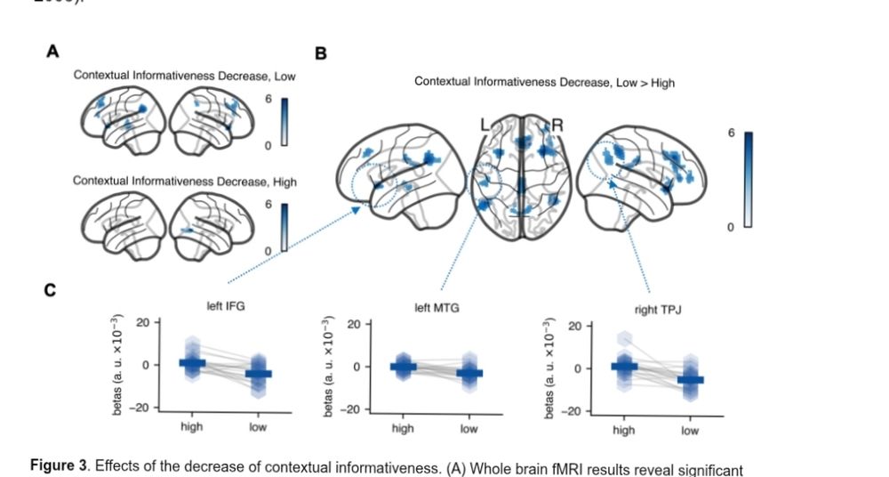 Brain areas activated by context informativity. Highlighted are the the left IFG, left MTG, and right TPJ.