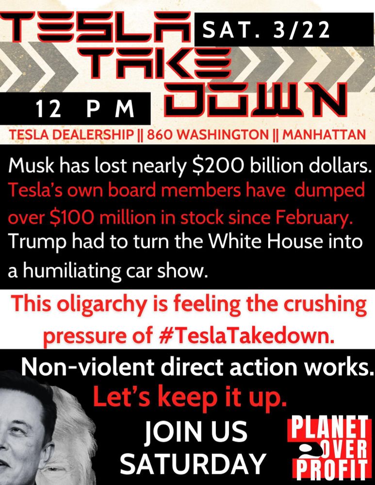 Graphic reads: “Musk has lost nearly $200 billion dollars. Tesla’s own board members have dumped over $100 million in stock since February. Trump had to turn the White House into a humiliating car show. This oligarchy is feeling the crushing pressure of #TeslaTakedown. Non-violent direct action works. Let’s keep it up. JOIN US SATURDAY.” 
