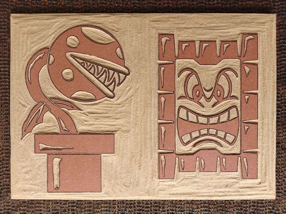 Piranha Plant and Thwomp woodcut block