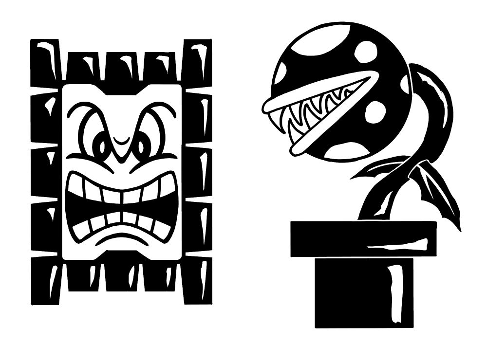 Thwomp and Piranha Plant woodcut designs