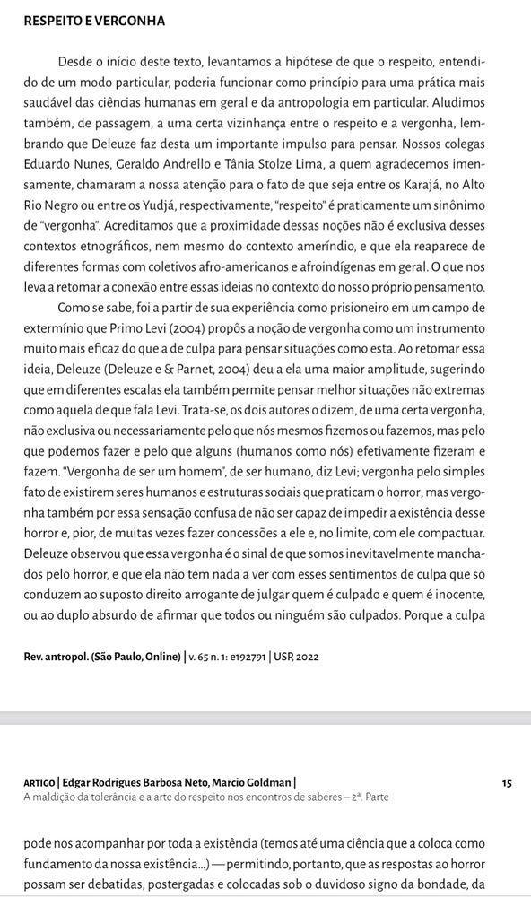 print de texto cujo subtítulo é  Respeito e Vergonha". ele está na página 14 do artigo intitulado "A maldição da tolerância e a arte do respeito nos encontros de saberes - 2a. Parte" disponível no scielo.