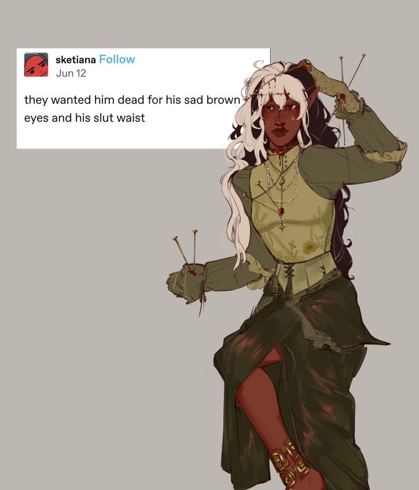 A tumblr textpost reads "they wanted him dead for his sad brown eyes and slut wait" as a caption for a drawing of Natalia, a 19 year old dark skinned girl with black and white hair and dark brown eyes. She has golden barbed wire wrapped around her head and neck, and golden nails through her heart and each of her wrists.