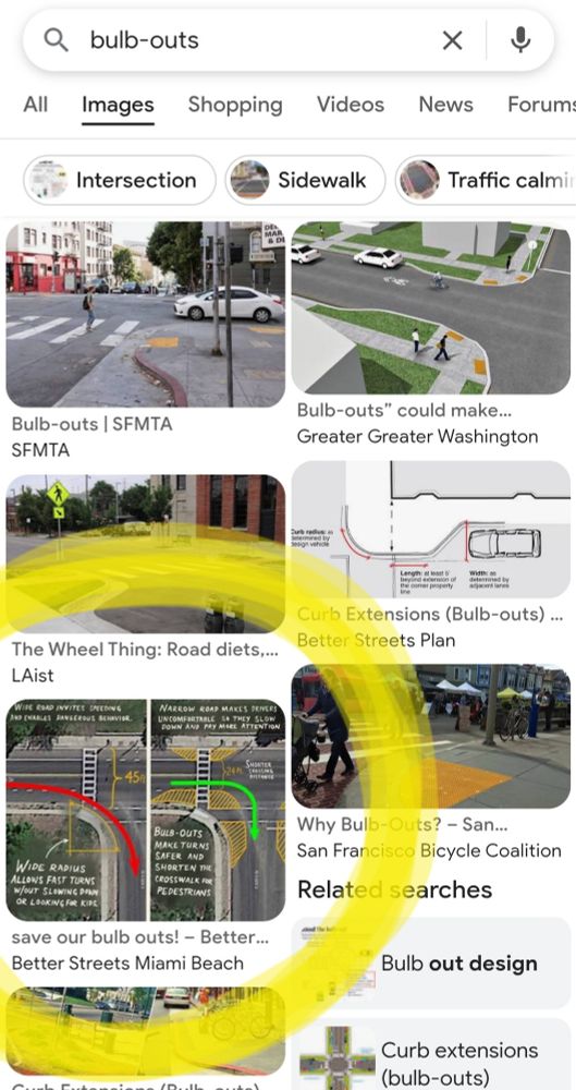 Screenshot of results for a Google image search for the term "bulb-outs". Fifth or sixth, which I've circled, is my hand-drawn diagram showing how bulb-outs at intersection corners shorten the crossing distance for pedestrians while forcing speeding drivers to slow down, especially when making turns.