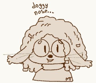 A doodle of Urbi with his nose a solid dot. The dark smudge on his nose does somewhat resemble a dog nose.