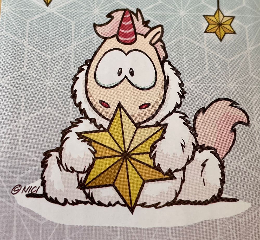 Ein Einhorn hält einen goldenen Stern.