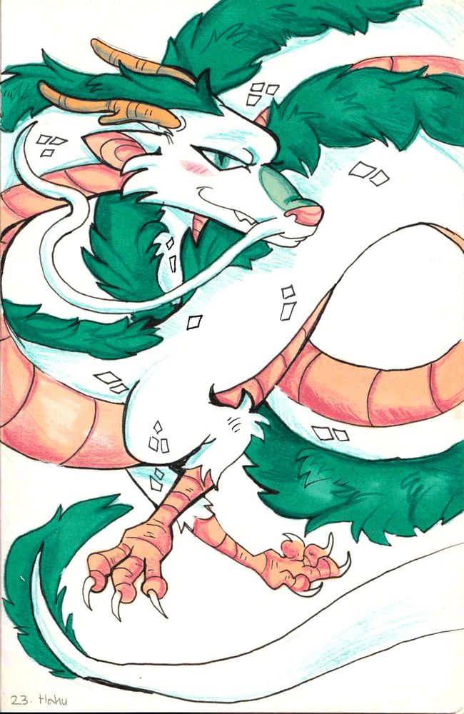 The image features Haku in his dragon form from Spirited He has a predominantly white body and vibrant green fur accents. It has long, curved horns and a mischievous expression, showcasing sharp teeth. The creature's tail is long and flowing, with a mix of colors, including orange and green. Its limbs are adorned with clawed feet, and there are decorative elements around its body, such as diamond shapes. The overall design is playful and dynamic, emphasizing the creature's whimsical nature.