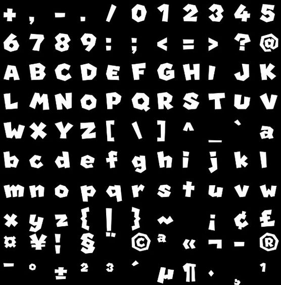 A screenshot of some of the glyphs from Nintendo's custom Mario typeface, produced by Fontworks.
