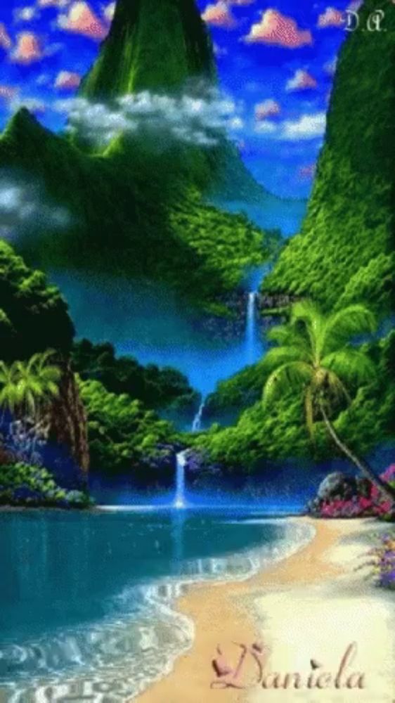 a digital painting of a beach with a waterfall and the name daniela on the bottom