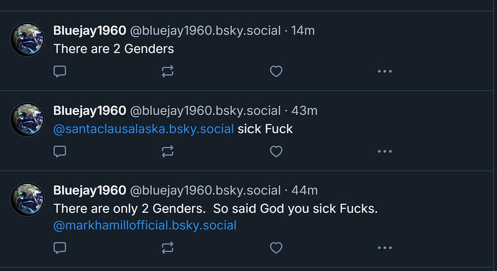Screen shot of 3 skeets 

Bluejay1960 @bluejay1960.bsky.social · 14m There are 2 Genders

Bluejay1960 @bluejay1960.bsky.social · 43m @santaclausalaska.bsky.social sick Fuck

Bluejay1960 @bluejay1960.bsky.social · 44m
There are only 2 Genders. So said God you sick Fucks. @markhamillofficial.bsky.social
