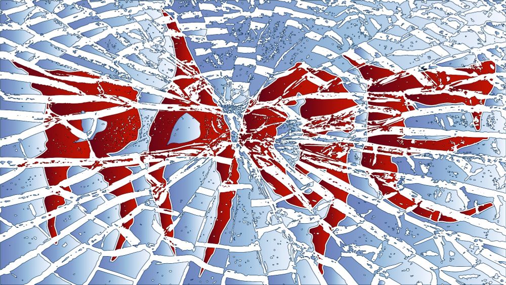 Pane of blue broken glass with the inner shards spelling out rage in a deep red gypsy curse font with the cracks being white