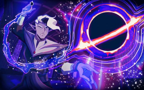 An animated elf casting a black hole spell