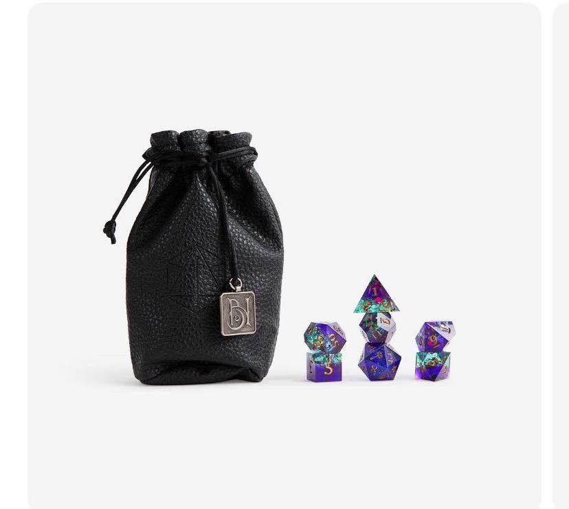 A set of polyhedral dice in purple and teal with a black bag