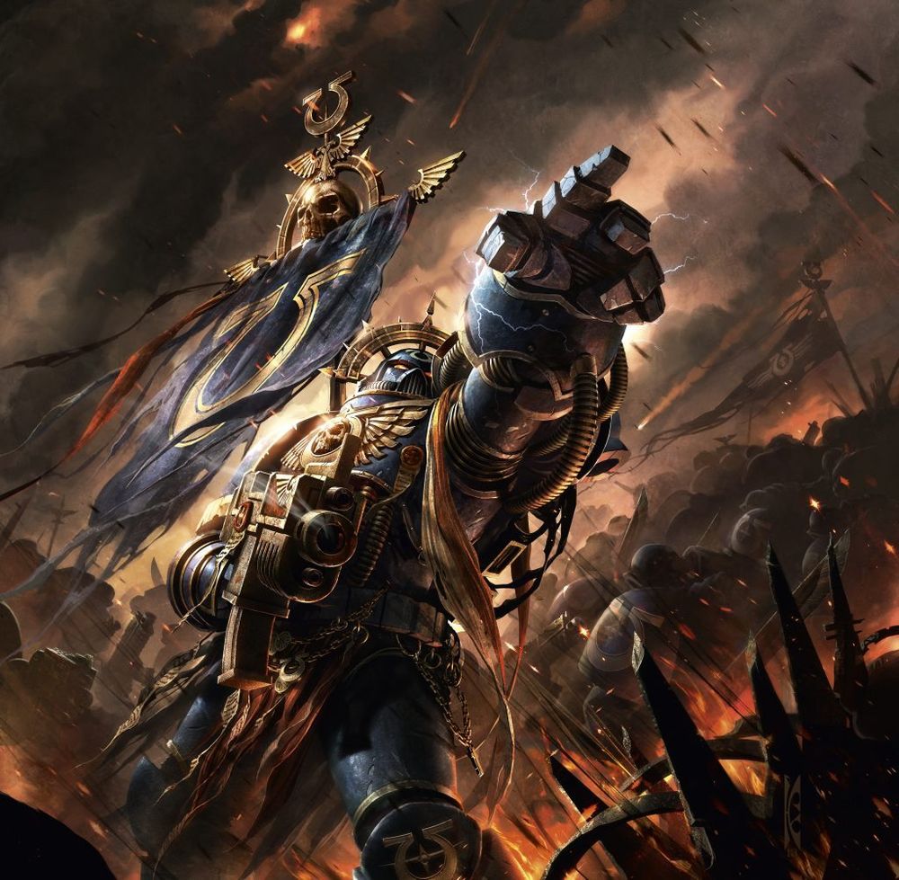 A space marine pointing forward