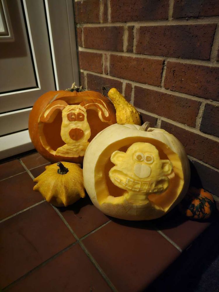 A large orange pumpkin carved to look like Gromit sits behind and to the left of an even larger white one carved to look like Wallace 