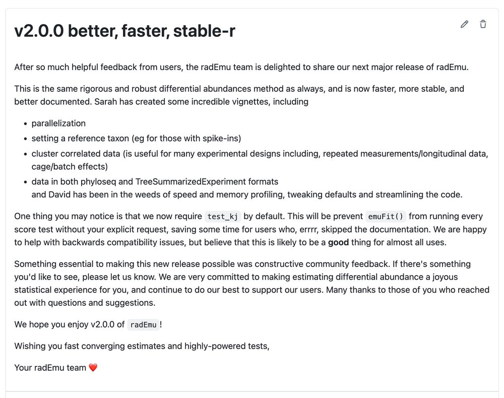 A screenshot of the release notes for radEmu v2. Text available at https://github.com/statdivlab/radEmu/releases