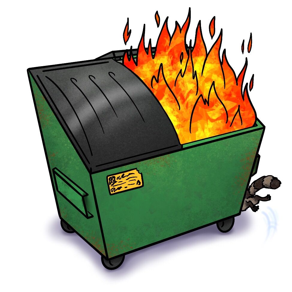Cartoon raccoon runs away from a dumpster fire that she totally started