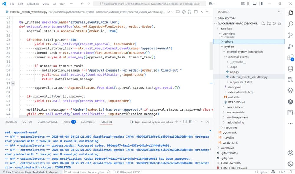 VSCode editor showing a Dapr workflow in Python