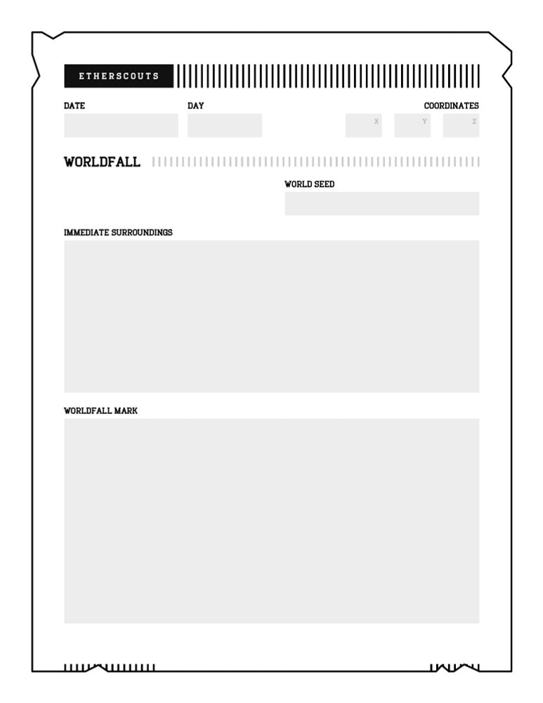 A screenshot of a designed and laid out "Worldfall Entry" with fields tracking high level information about a Minecraft world in the game Waywright.