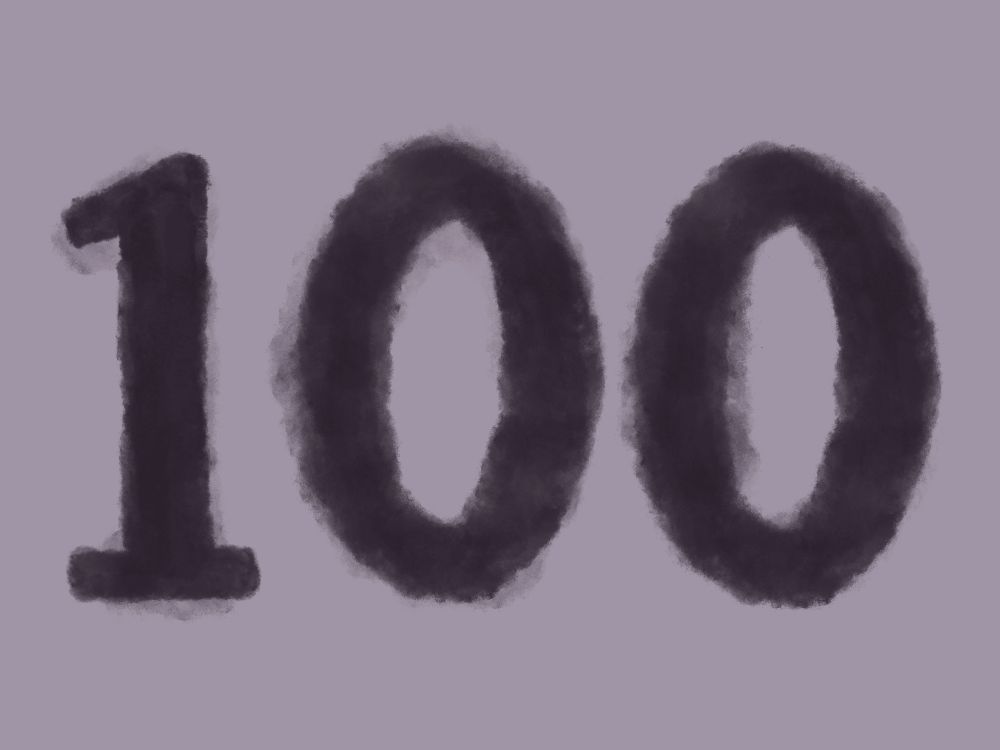 A gif with a hand painted number 100. The brushtrokes are animated and there is a confetti effect on half of the frames.