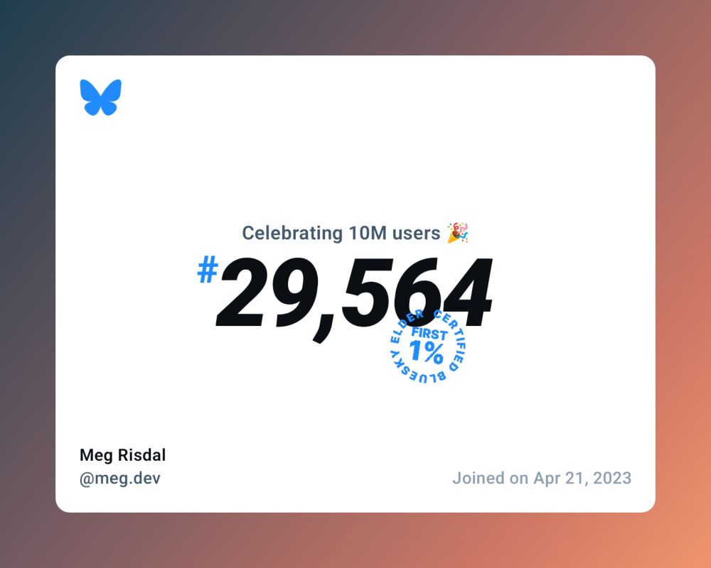 A virtual certificate with text "Celebrating 10M users on Bluesky, #29,564, Meg Risdal ‪@meg.dev‬, joined on Apr 21, 2023"