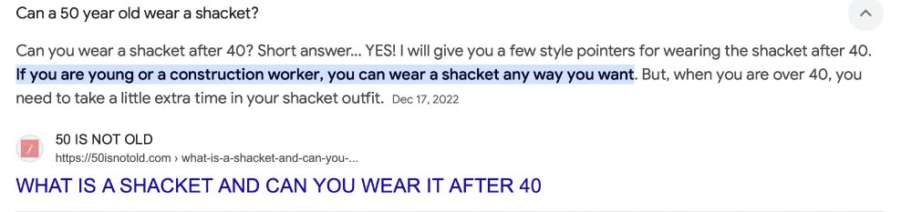 web search result about whether a person over 40 years old can wear a "shacket" and apparently it is not clear cut as according to the authors older individuals wearing a shacket have to take additional care in its proper display