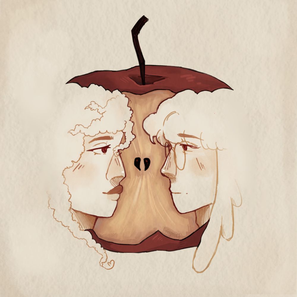 art of my ocs Priscilla and Iris facing eachother. their profiles forming "indents" in the core of an apple. The seeds of the apple sort of look like a broken heart between them. Priscilla has very curly hair, long lashes, a larger nose and bigger lips. Iris has fluffy hair, a smaller and more round nose and round glasses.