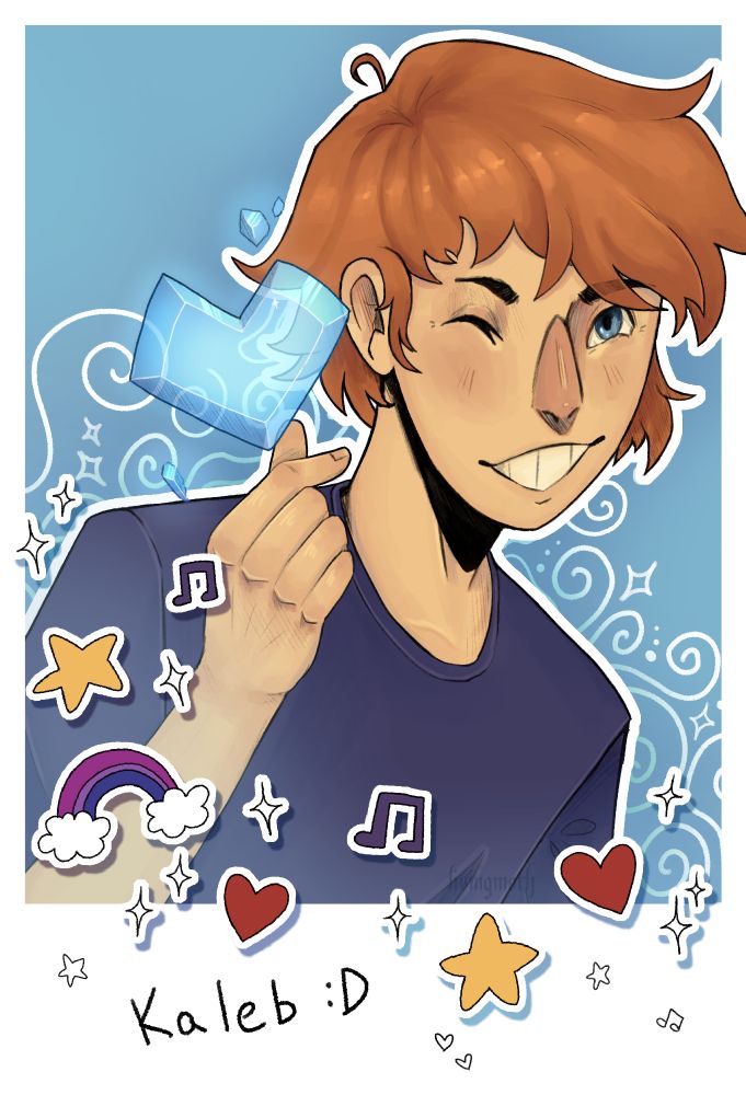art of maxie's oc Kaleb. he has short ginger hair and blue eyes. he's wearing a blue t-shirt. he's doing a "kpop finger heart" and winking at the camera. near his fingers is a floating heart shaped piece of ice, as well as a few smaller ice shards. the piece looks like a polaroid, with a white frame, tons of stickers and text that says "Kaleb :D" with multiple doodles at the bottom
