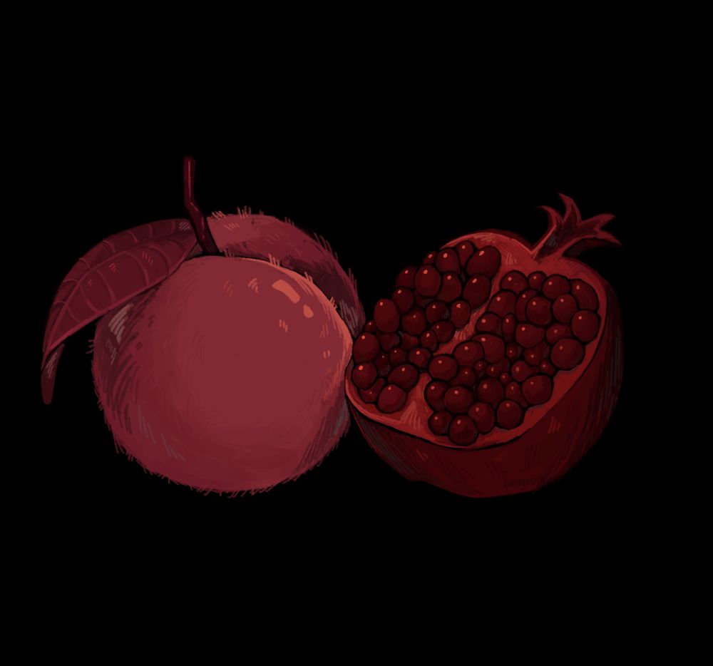 a drawing of a purple-ish peach and a half of a pomegranate on a b;ack background. i drew them because they are the fruits i associate with casper and krystofor - mine and my bf's dnd ocs