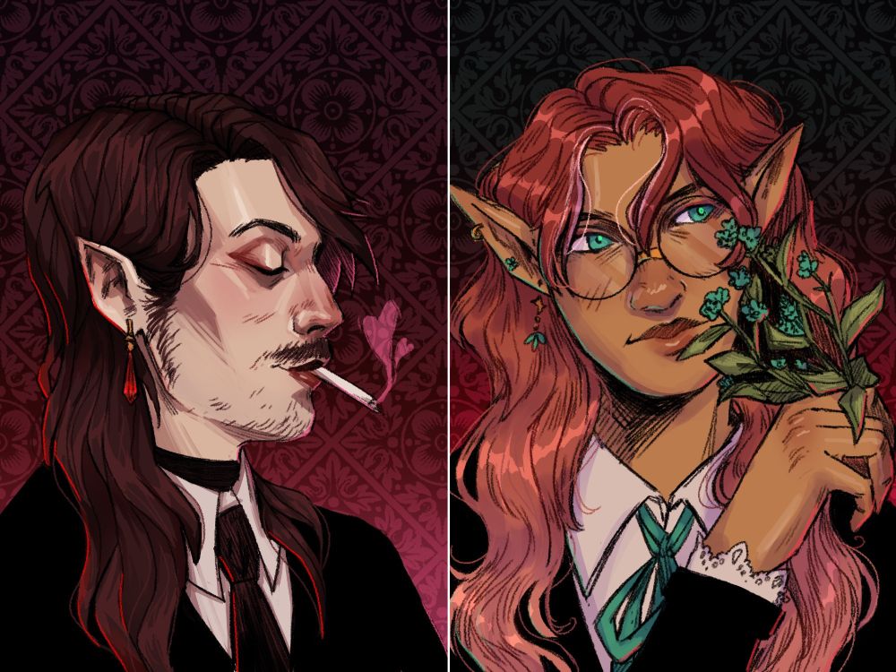 art of krystofor and casper (by freedomformages). Krystofor is a vampoire in a black suit, white shirt and tie, with his black hair down, smoking a ciggarete (the smoke forms a heart), he also has a moustache and some hairs on his chin and sideburns. Casper is an eladrin with long pink hair and teal eyes. He in a suit, holding a blue flower