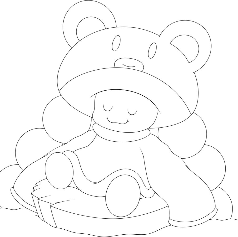 A OC / FC character based on a Toad / Toadette species from the Super Mario series that wears a oversized sweater with oversized long sleeves and a mushroom cap that resembles a bear. Sitting on a small piece of land in a pool of water.