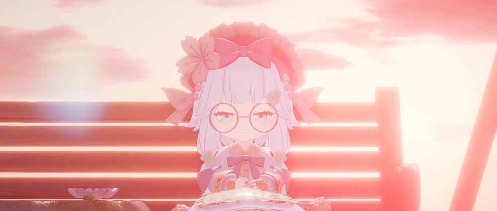 Sleepy pink girl sitting on a bench