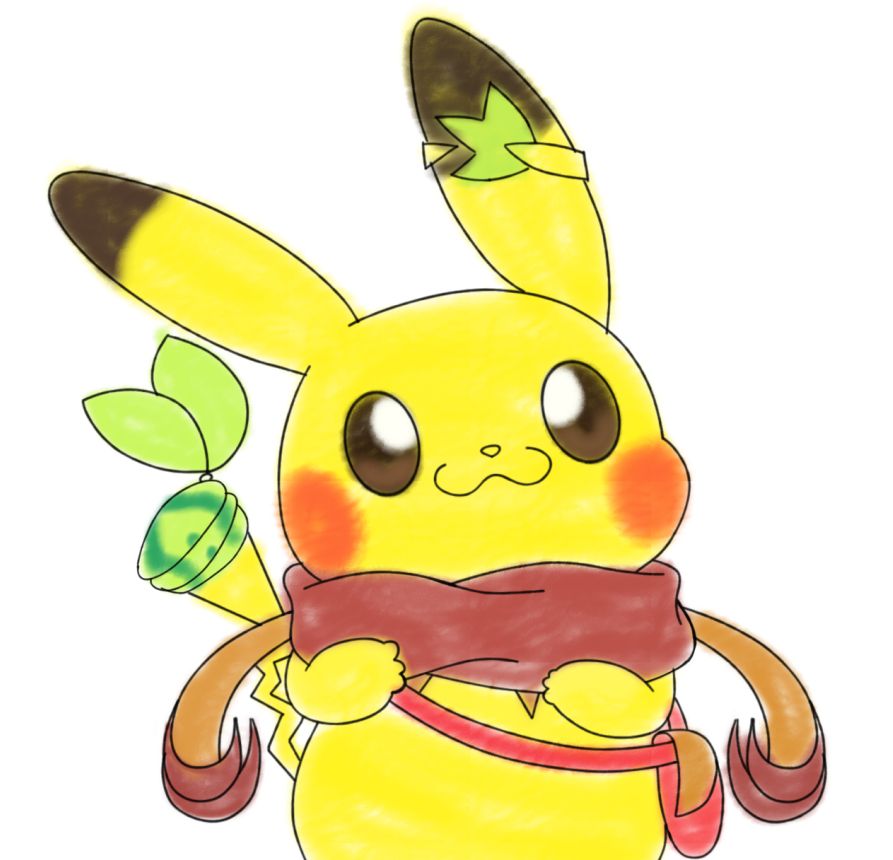 a pikachu character oc from the user coeurelectrik, who wear a red scard with orange side things that i don't know how to call, the super mystery dungeon scarf on the tail, a red backpack and a accessory on the ear that reminds of a snivy tail