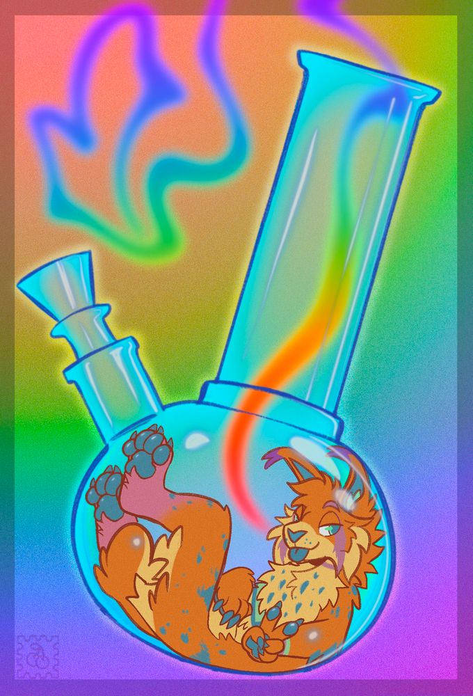 My fursona, Sedona, a Lynx with orange fur and turquoise spots chilling in a bong with rainbow colored smoke