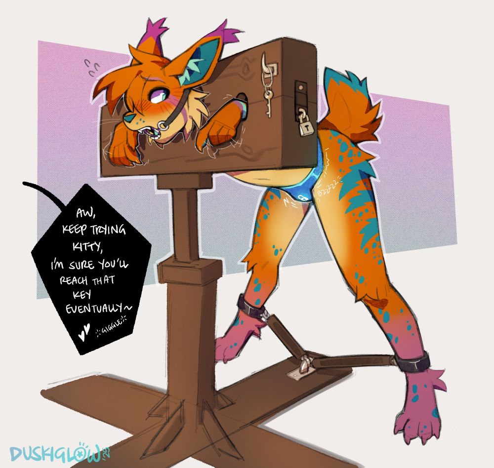 My fursona, "Sedona", a Lynx with fur the colors of an Arizona sunset has both hands and their neck locked into a pillory, with their ankles restrained to the base. He also wears a ring-gag, and an advanced chastity belt. A key to the pillory is just slightly out of reach, but the lock is impossible to reach in his current position. Someone teases that the key is in reach out of frame. 